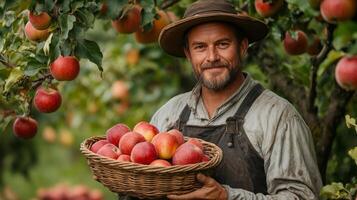 Smiling farmer harvesting apples in a sunlit orchard during autumn season photo