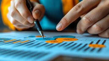 Business professional analyzing financial data using interactive pie chart during a meeting photo