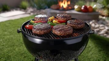 Grilling delicious beef patties with fresh herbs and cherry tomatoes in the sunlight photo