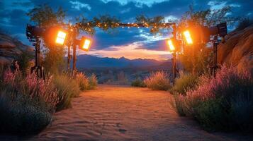 Lighting setup on location at dusk with mountains in the background photo