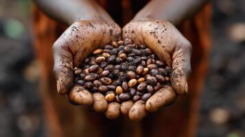 Hands holding various colored mustard seeds in a farm setting during daylight photo