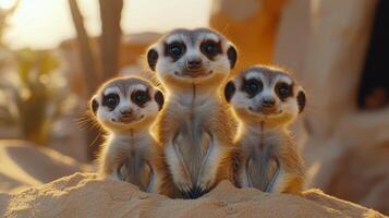 Three playful meerkats interacting in a sunny desert setting with rocky terrain photo