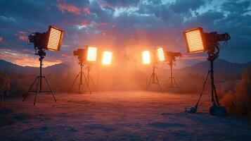 Lighting setup on location at dusk with mountains in the background photo