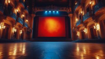 Vibrant interior of a modern cinematic venue with neon lighting and empty seats photo