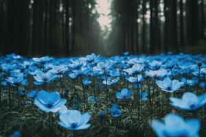 Vibrant blue flowers blooming in a serene forest setting during daylight hours photo