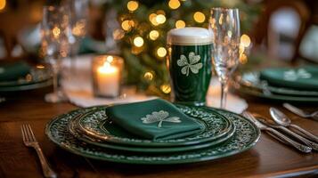 Festive St Patricks Day table setting with green decorations and candles photo