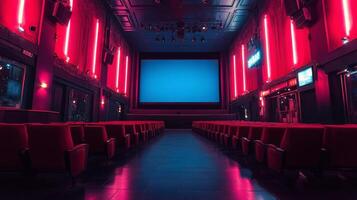 Vibrant interior of a modern cinematic venue with neon lighting and empty seats photo