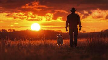 Man walks with dog at sunset on a field with flowers near countryside photo