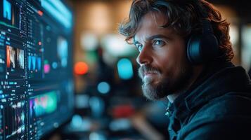 Man working diligently on editing graphics in a modern studio late at night photo