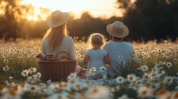 Joyful girl enjoying a sunny picnic with a basket of fruits on a grassy field photo