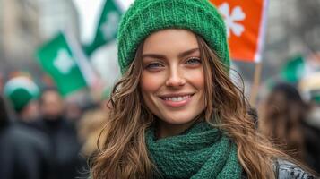 Smiling woman wearing green clothing at festive parade celebrating local culture photo