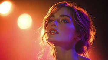 Young woman in vibrant lighting with soft hair during a nighttime studio shoot photo