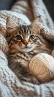 Cat snuggled in cozy blanket with yarn ball in warm indoor setting during a quiet afternoon photo