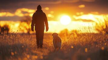 Man walks with dog at sunset on a field with flowers near countryside photo