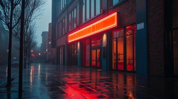 Urban night view of a glowing storefront on a rainy evening photo