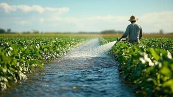 Farmer irrigating vegetable crops in a lush field under a clear blue sky photo