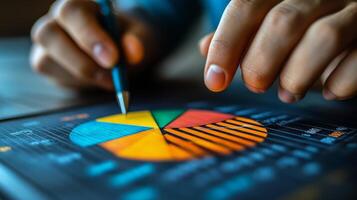 Business professional analyzing financial data using interactive pie chart during a meeting photo