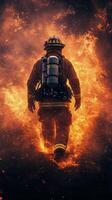Firefighter courageously advances through flames during intense blaze photo