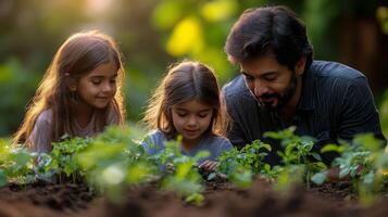 Family planting seedlings together in a lush garden on a sunny afternoon photo
