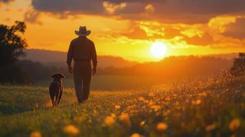 Man walks with dog at sunset on a field with flowers near countryside photo