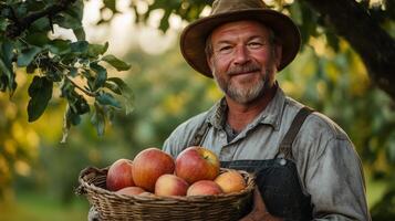 Smiling farmer harvesting apples in a sunlit orchard during autumn season photo