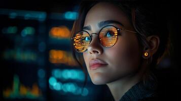 Young professional analyzing data on multiple computer screens in a modern office setting photo