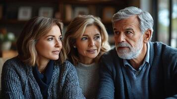 Family members sharing stories and enjoying an intimate conversation indoors at home photo