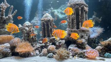 Vibrant underwater scene with colorful fish swimming among coral structures photo