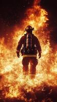 Firefighter courageously advances through flames during intense blaze photo