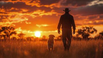 Man walks with dog at sunset on a field with flowers near countryside photo