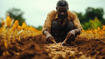 Man planting seeds in a field surrounded by golden crops during a cloudy day photo