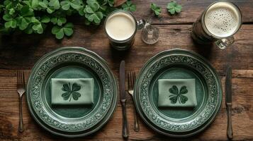 Festive St Patricks Day table setting with green decorations and candles photo
