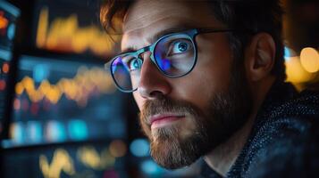 Young professional analyzing data on multiple computer screens in a modern office setting photo