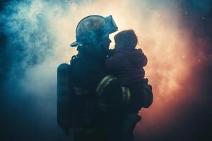 Firefighter carrying a child through smoke during a rescue operation in an emergency situation photo