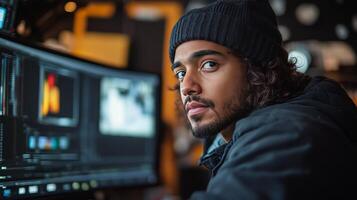 Man working diligently on editing graphics in a modern studio late at night photo