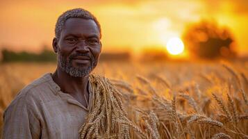 Man in wheat field at sunset, capturing the beauty of nature and rural life in warm golden tones photo