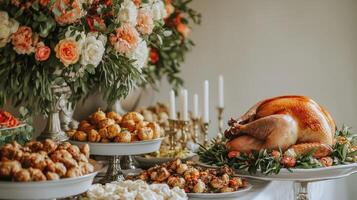Thanksgiving feast with a bountiful table display of food and flowers in a cozy dining room photo