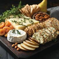 Cheese, Crackers, Pear Slices, Dried Apricots, and Almonds on a Wooden Board photo