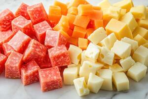 Cube-shaped salami, cheddar, and swiss cheese on a white marble surface photo