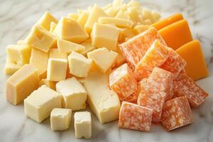 Assortment of Cubed Yellow and Orange Cheeses photo