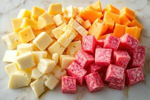 Cubes of Cheddar, Swiss, and Red Wine Cheddar Cheese photo