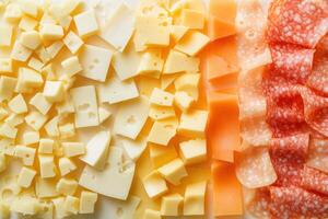 Close-Up of Sliced Cheese, Salami, and Cured Meat on a White Surface photo