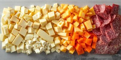 Assortment of cubed cheese, diced carrots, and sliced salami photo