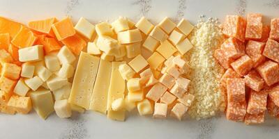 Assortment of Different Types of Cheese in Cubes and Slices photo
