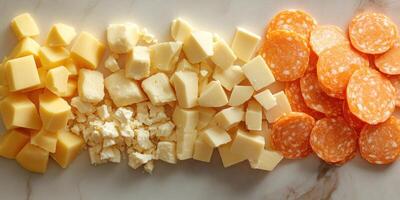 Assorted Cheese and Salami Slices on a Marble Countertop photo