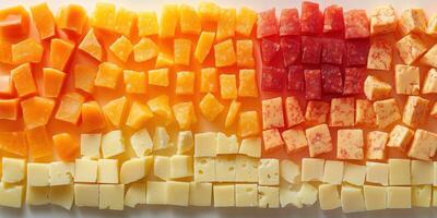 Assorted Cheese Cubes Arranged in a Row photo