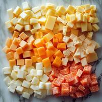 An assortment of cubed cheese and salami on a marble surface. photo