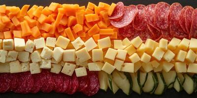Close-up of a Platter with Sliced Salami, Cubed Cheese, and Cucumber photo