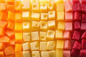 A colorful array of cubed cheese, orange, pink, and red. photo