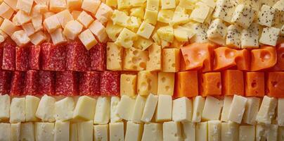 An assortment of cubed cheese, salami, and peppered cheese photo